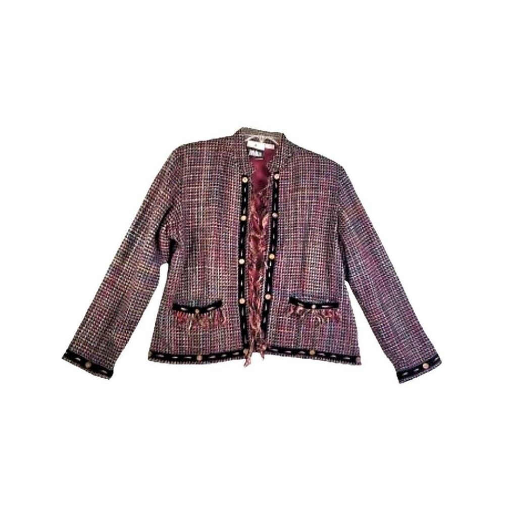 YAK MAGIK Women's Multicolor Silk Jacket Sz Large Fringe Trim Buttons Tweed Open